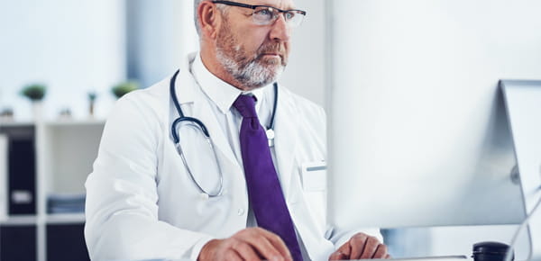 vet looking at computer