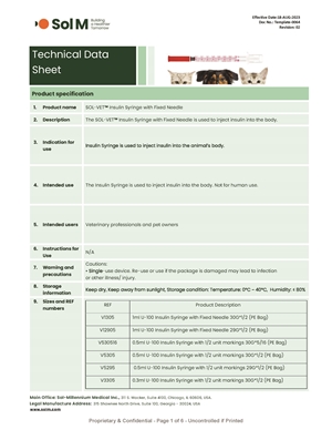 Technical Data Sheet for Sol Vet Insulin Syringes
