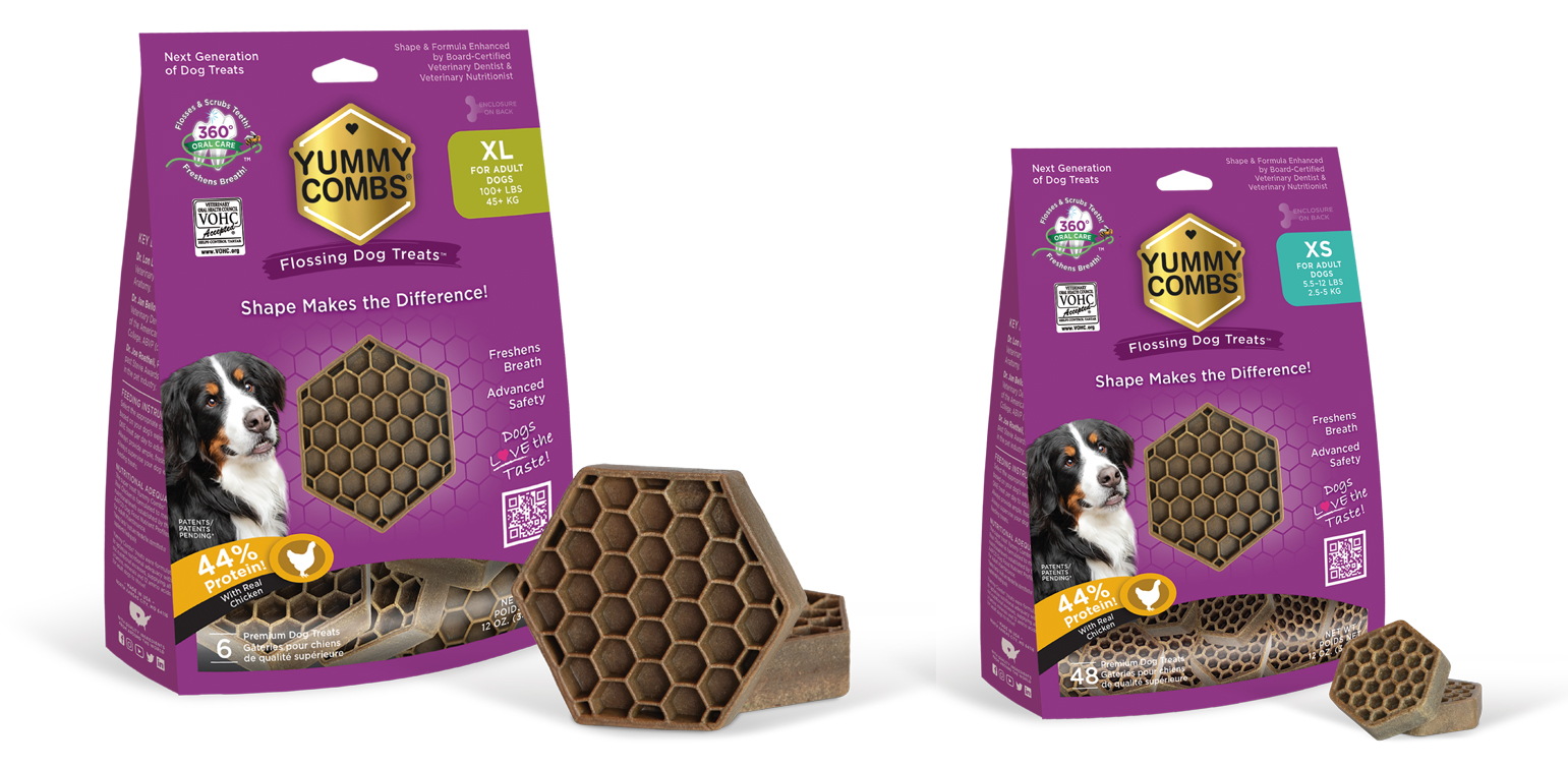 Yummy Combs Flossing Dog Treats XL and XS purple packaging