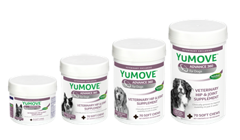 Four bottles of YuMOVE ADVANCE 360 for dogs in multiple sizes, for different sized dogs