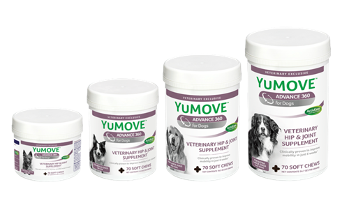 Four bottles of YuMOVE ADVANCE 360 for dogs in multiple sizes, for different sized dogs