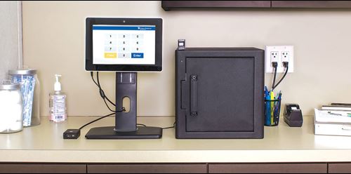 Repleni-Trac Vault featuring its touchscreen kiosk, biometric fingerprint scanner, 2D barcode scanner, and secure drug vault