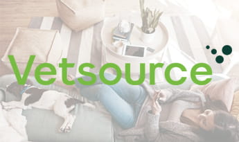 vetsource logo on picture of woman laying on the couch with dog